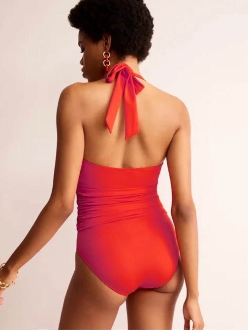 Boden Levanzo Ruched Halter Tie One Piece Swimsuit Fiesta Coral Size 6 Long NWT
